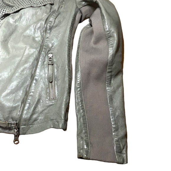 BANO EEMEE Genuine Leather Moto Jacket Zip Pockets Grey / Green Colour US Sz 6 - Picture 10 of 11